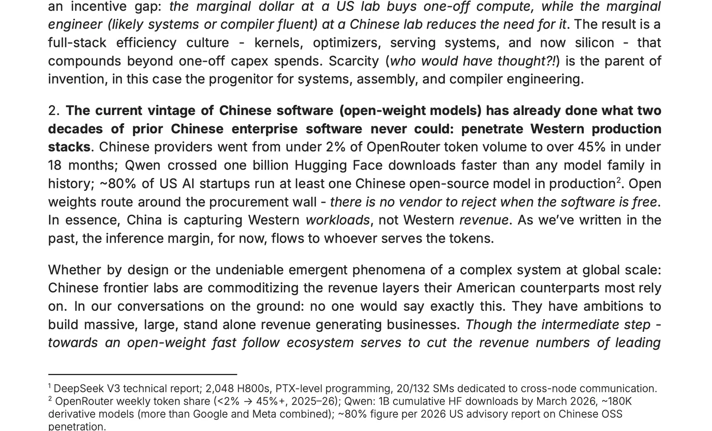 Dimension 内部信中关于中国开放权重模型进入西方生产栈的段落。来源：Zavain Dar 在 X 公开的信件首页